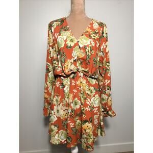 UMGEE Burnt Orange Floral Print Dress S‎ Peplum Bishop Sleeve Fall Colorful